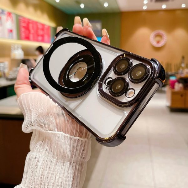 360°Rotating Stand Magnetic Transparent Phone Case For iPhone 12 13 11 14 15Pro Max Plating Lens Film Protection Anti-fall Cover