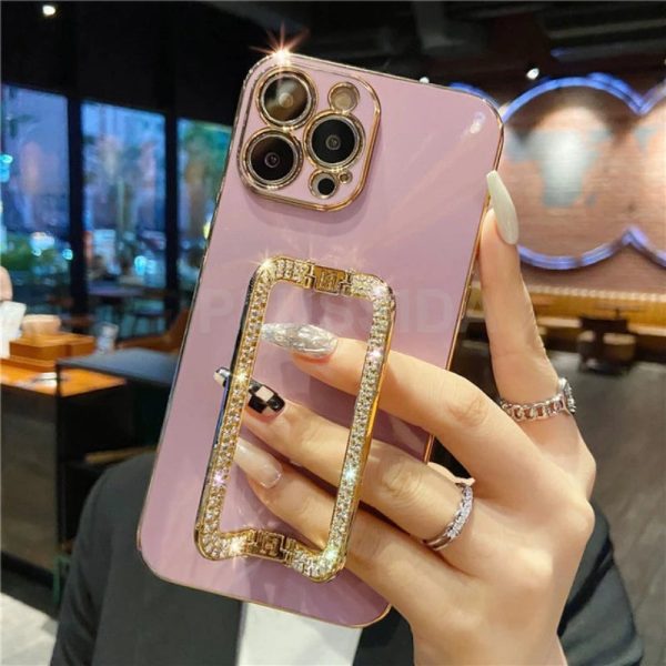 Case For iPhone 14 Pro Max 15 Pro 13 15 Pro Max 15 Pro 14 Pro Case Cover Glitter 3D Holder Gold Plating Phone Metal Holder Stand - Image 7