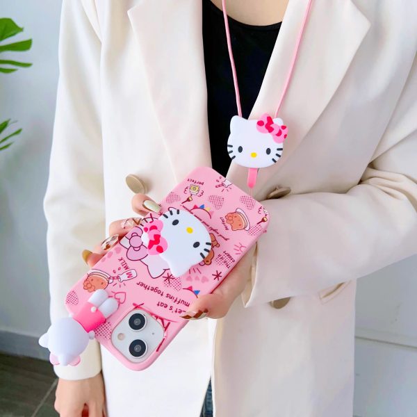 For iPhone 6 6s 7 8 X Xs Max XR 11 12 13 14 15 Pro SE Max Hello Kitty Phone Case With Holder Rope - Image 4