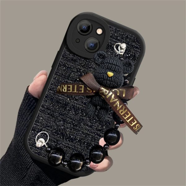 Korean Cute Cartoon 3D Bear Wrist Chain Woolen Lattice Soft Case For iPhone 15 14 13 12 Pro Max 11 X XS XR Lens Protective Cover - Image 4