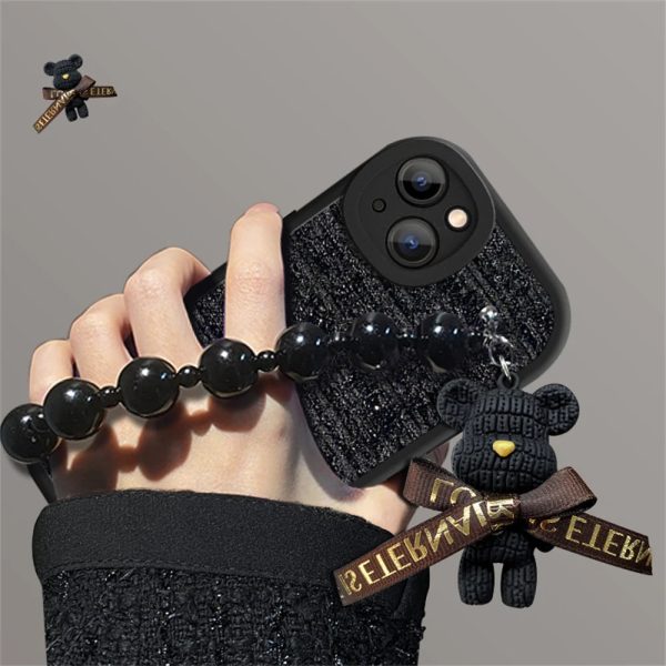 Korean Cute Cartoon 3D Bear Wrist Chain Woolen Lattice Soft Case For iPhone 15 14 13 12 Pro Max 11 X XS XR Lens Protective Cover - Image 5