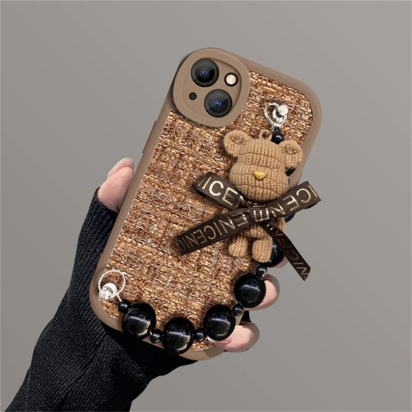 Korean Cute Cartoon 3D Bear Wrist Chain Woolen Lattice Soft Case For iPhone 15 14 13 12 Pro Max 11 X XS XR Lens Protective Cover - Image 3