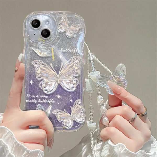 Luxury Butterfly Glitter Clear Soft Case For iPhone 15 14 13 12 11 Pro Max XR XS X 7 8 Plus Hang Chain Lanyard Silicone Cover - Image 9