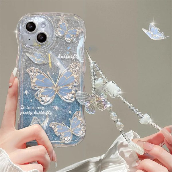 Luxury Butterfly Glitter Clear Soft Case For iPhone 15 14 13 12 11 Pro Max XR XS X 7 8 Plus Hang Chain Lanyard Silicone Cover - Image 10