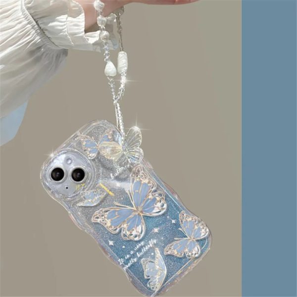 Luxury Butterfly Glitter Clear Soft Case For iPhone 15 14 13 12 11 Pro Max XR XS X 7 8 Plus Hang Chain Lanyard Silicone Cover - Image 4