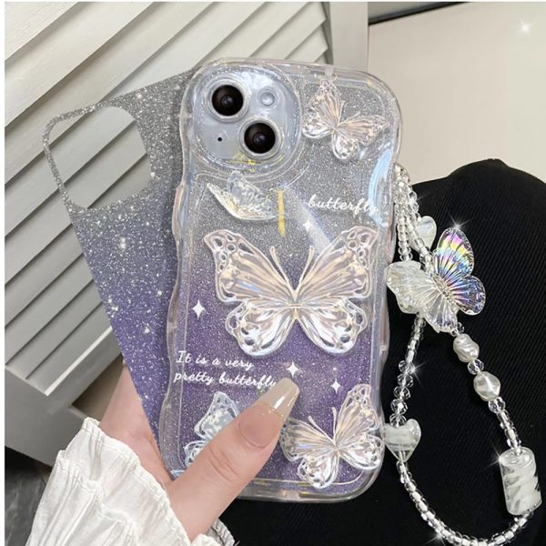 Luxury Butterfly Glitter Clear Soft Case For iPhone 15 14 13 12 11 Pro Max XR XS X 7 8 Plus Hang Chain Lanyard Silicone Cover - Image 3