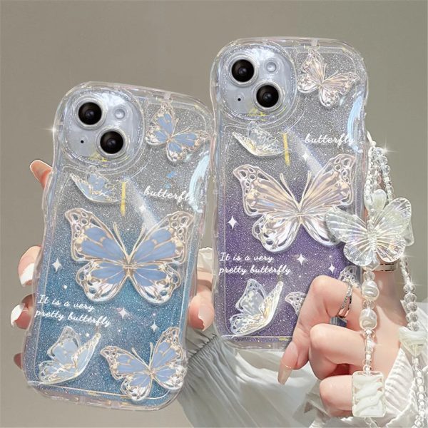 Luxury Butterfly Glitter Clear Soft Case For iPhone 15 14 13 12 11 Pro Max XR XS X 7 8 Plus Hang Chain Lanyard Silicone Cover - Image 2