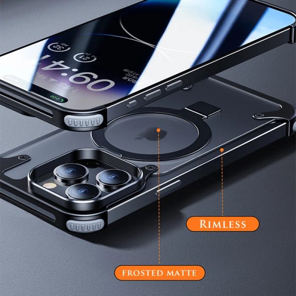 Metal Rimless Magnetic Stand Matte Phone Case For iPhone 15 14 13 Pro Max 15Plus Aluminum Alloy Lens Shell Frosted Cover Funda - Image 4