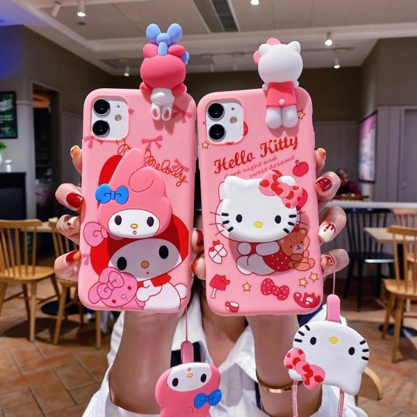 My Melody Hello Kitty For iPhone 6 6s 7 8 X Xs Max XR 11 12 13 14 15 Pro SE Max Case TPU Soft Phone Case With Holder Strap Rope